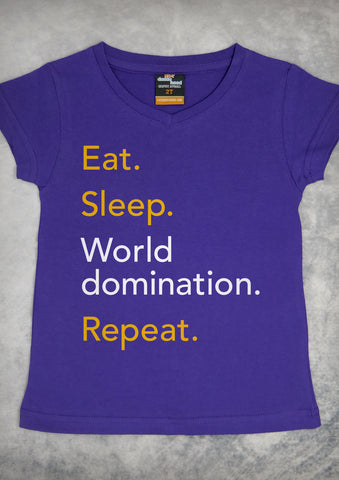 Eat Sleep World Domination Repeat – Youth Girl Purple V-neck T-shirt