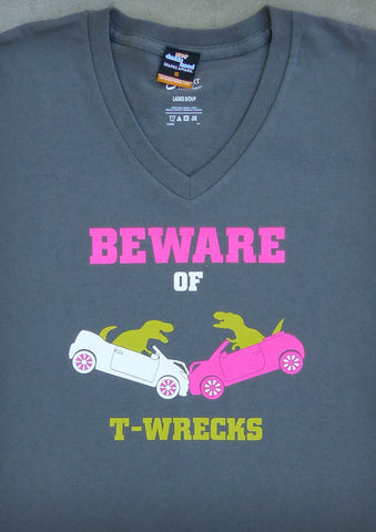 Beware of T-Wrecks (with Pink) – Women's Charcoal Gray V-neck T-shirt