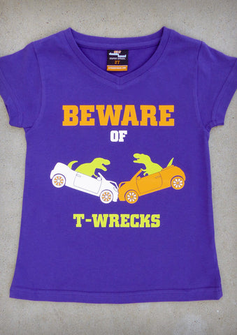 Beware of T-wrecks – Youth Girl Purple V-neck & Charcoal Gray Crew Neck T-shirt