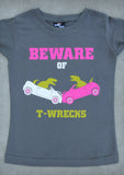 Beware of T-wrecks – Youth Girl Purple V-neck & Charcoal Gray Crew Neck T-shirt
